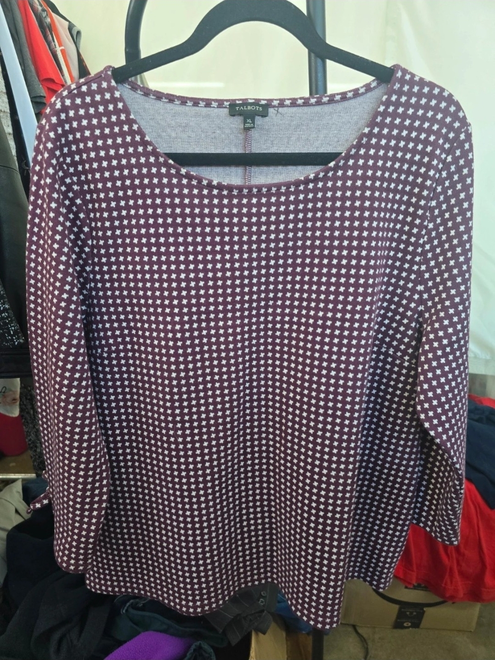 Talbots Maroon & White Long-Sleeve Patterned Scoop Neck Top